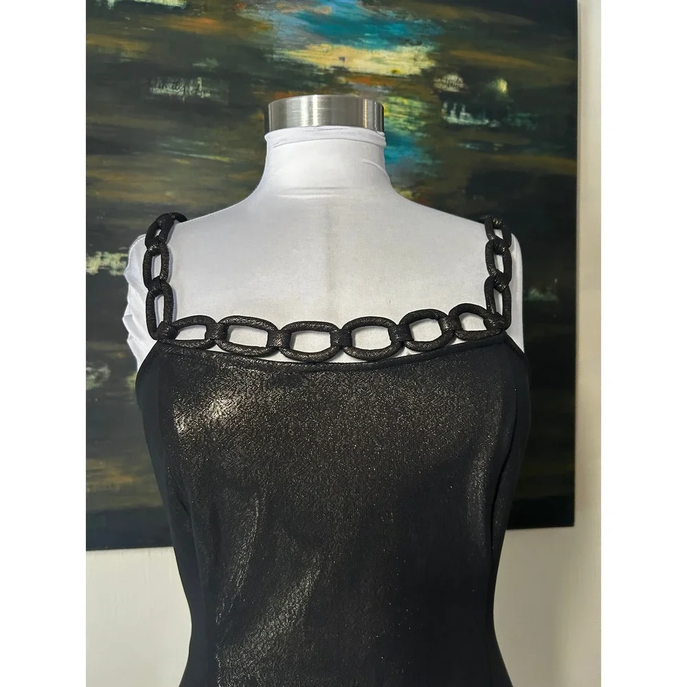RARE Zula Studio Cocktail Dress 8 Black Gold Metallic Chain Strap Sheath